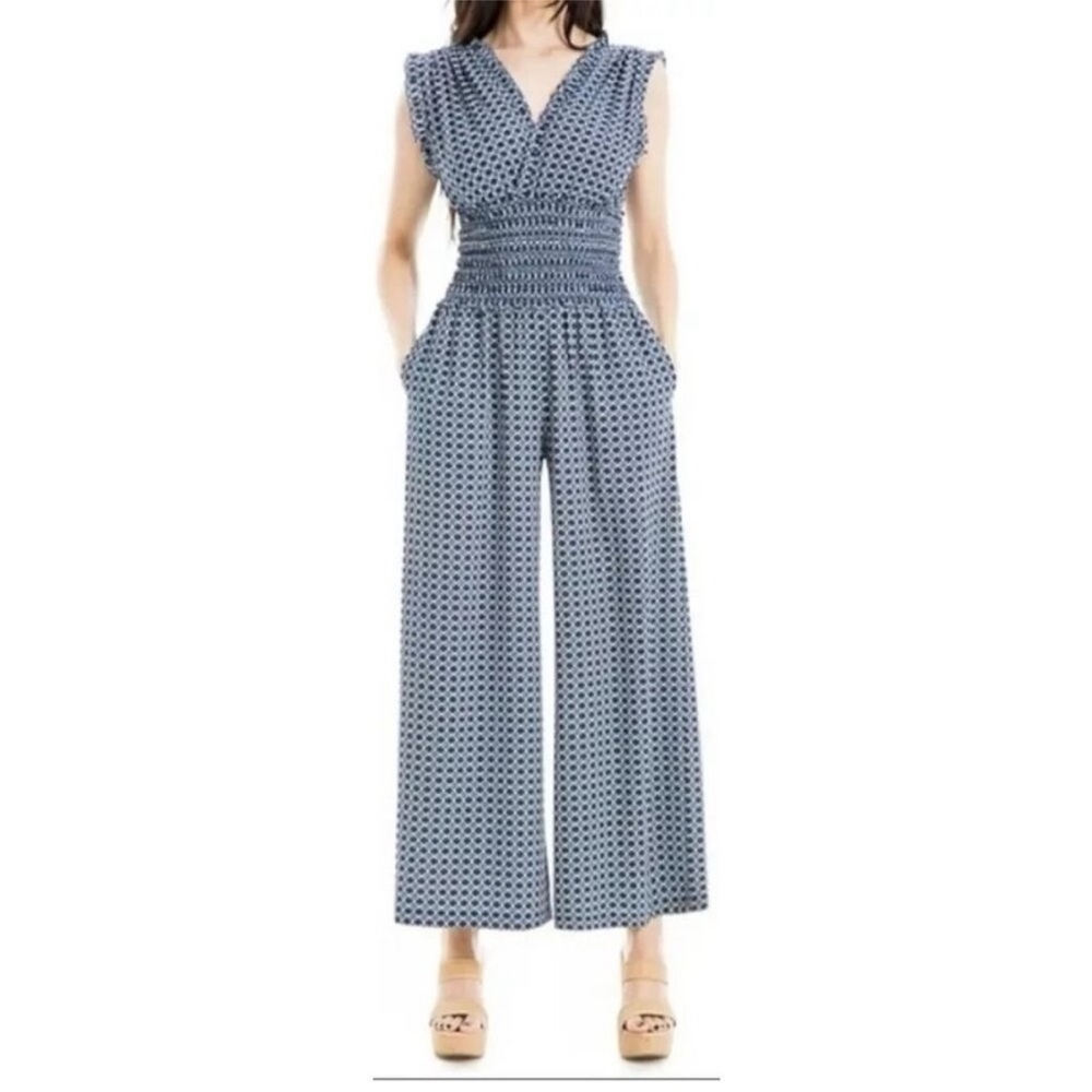 Max Studio London Smocked Waist Daisy Print Wide Leg Jumpsuit Size 2XL Floral